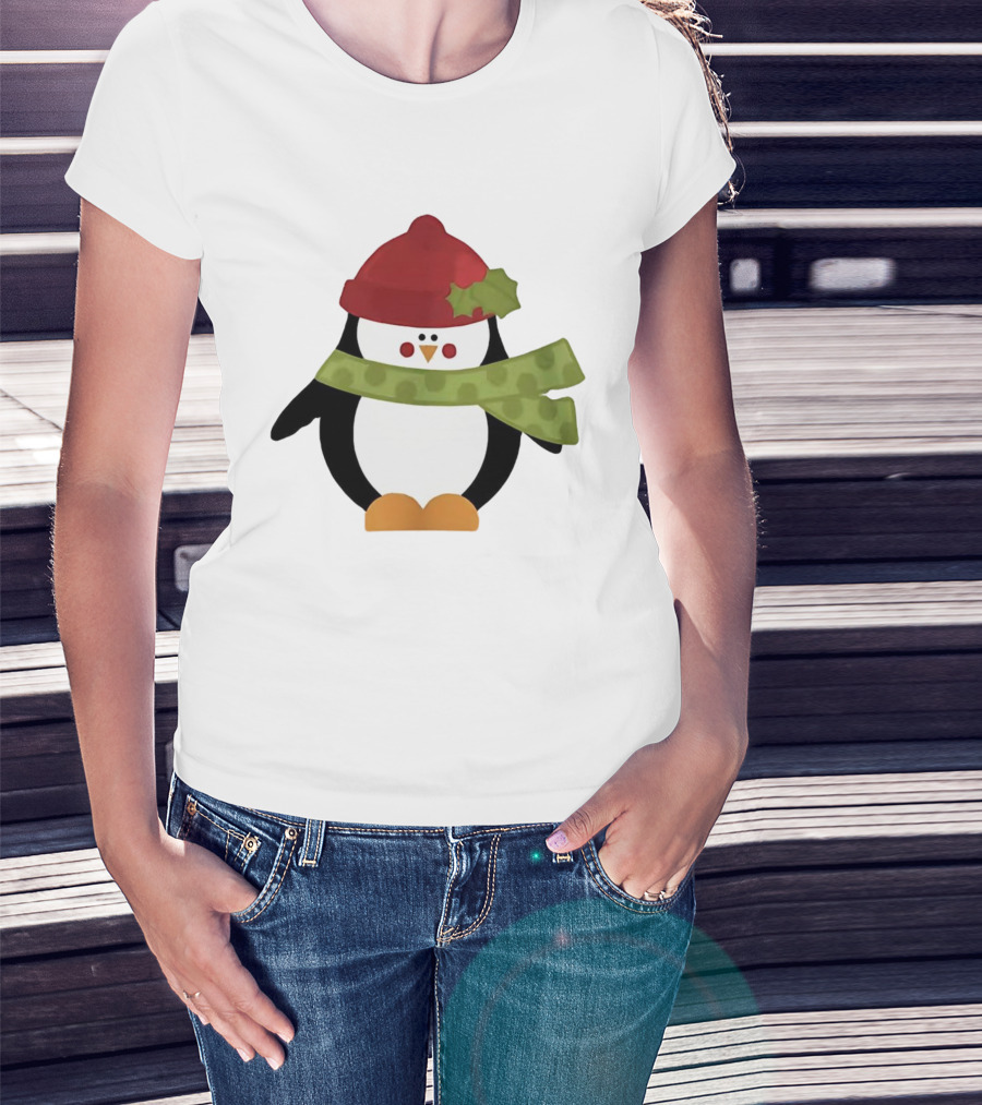 Cute Penguin Christmas Cartoon With Red Hat And Green Scarf T-Shirt