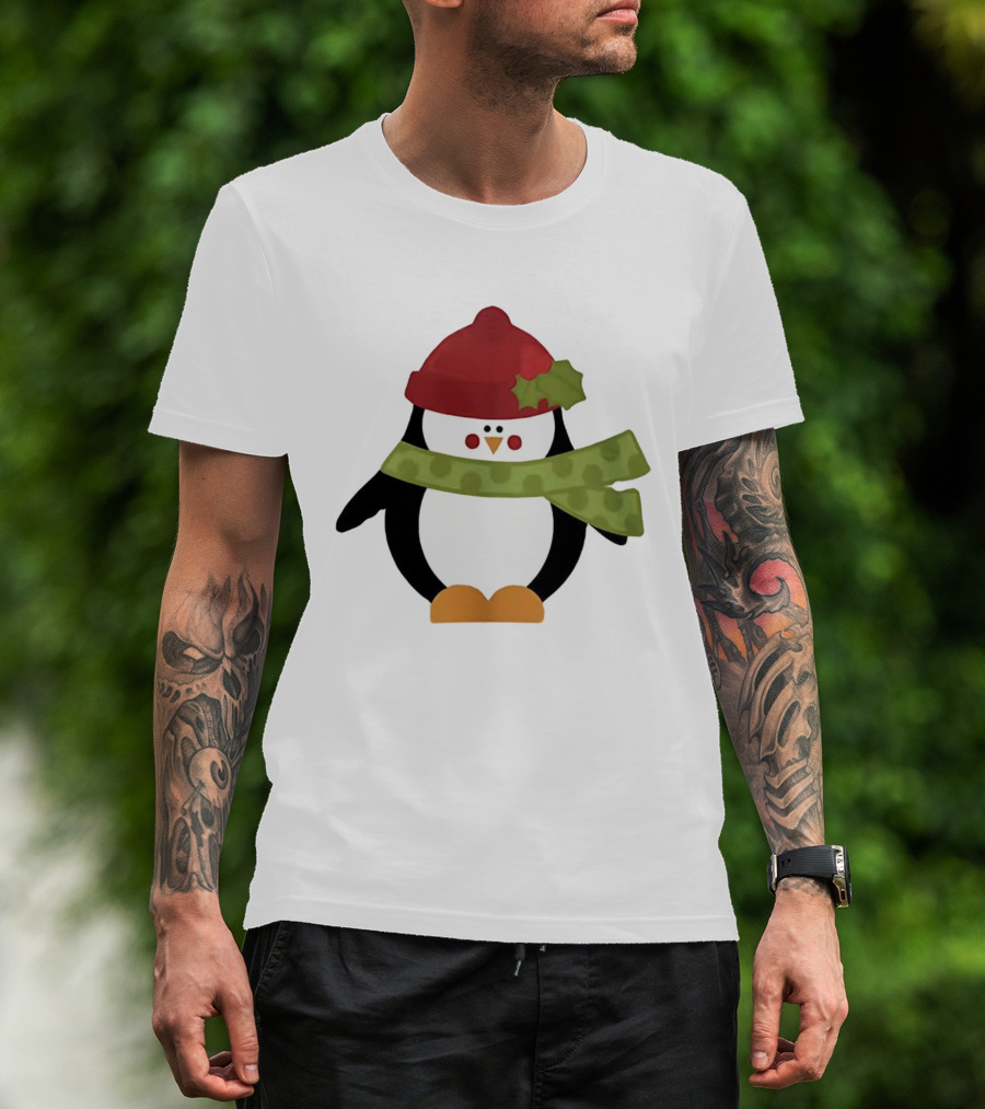 Cute Penguin Christmas Cartoon With Red Hat And Green Scarf T-Shirt