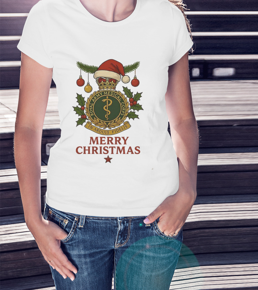 Royal Army Medical Corps In Arduis Fidelis Merry Christmas Santa Hat Holiday Theme T-Shirt