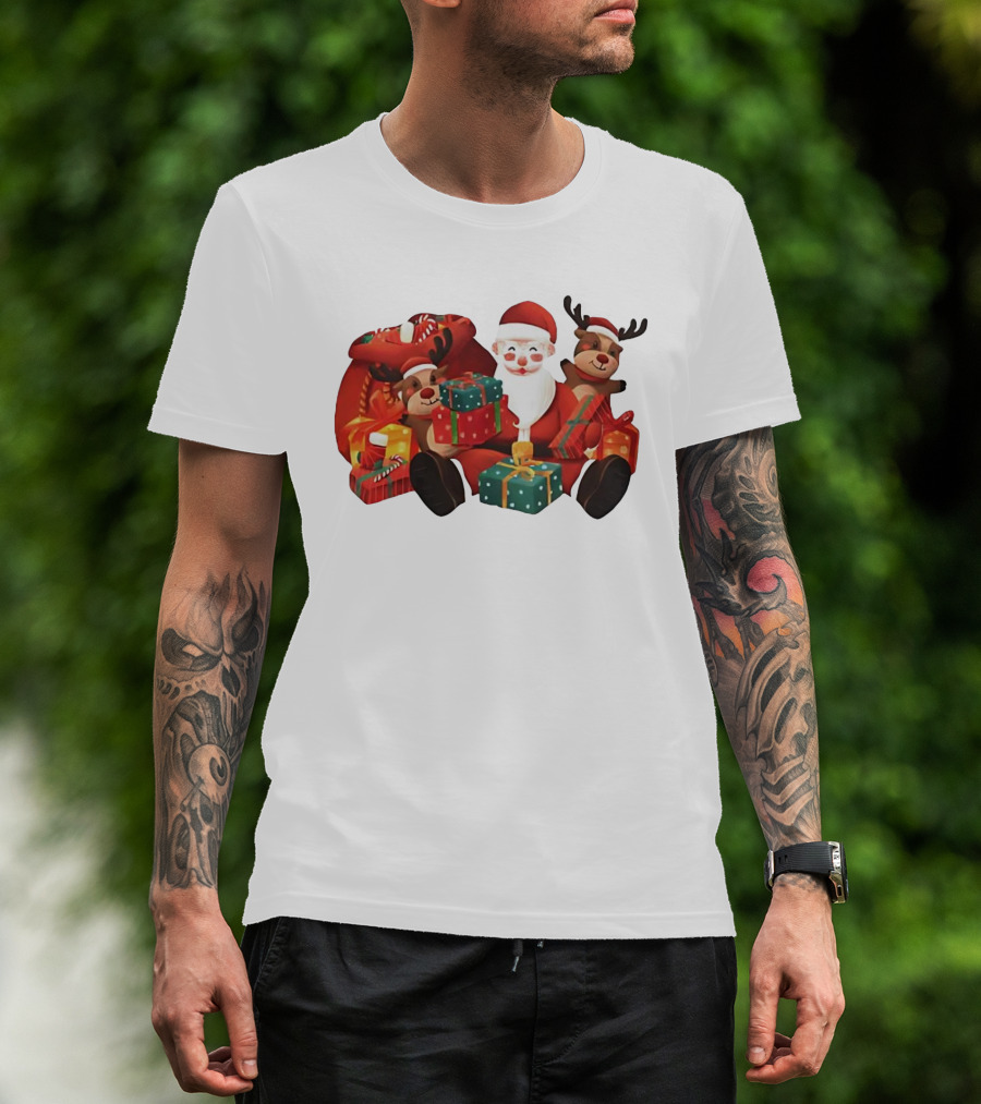 Santa Claus And Reindeer Holding Christmas Gifts With Sack And Ribbon T-Shirt