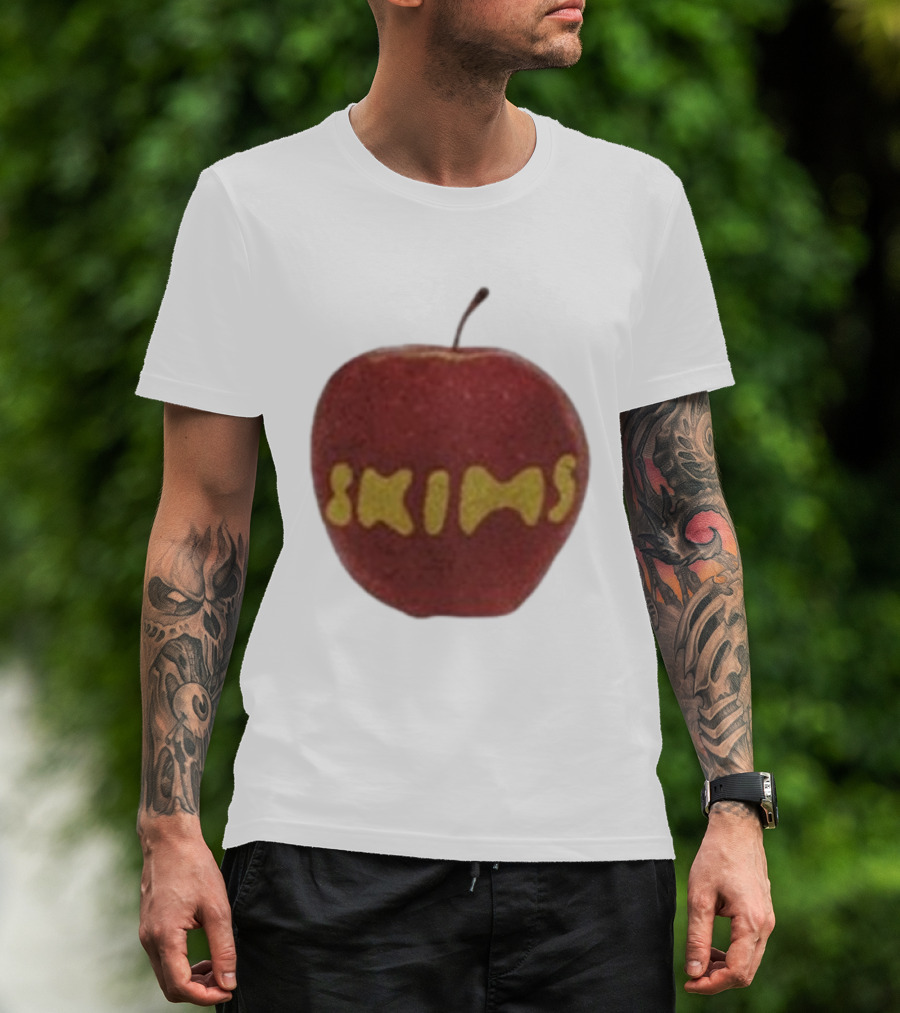 Skims Apple Bold Yellow Text On Red Apple T-Shirt