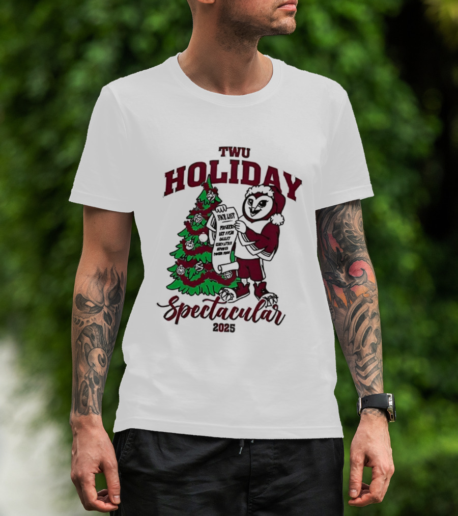 TWU Holiday Spectacular 2025 Merry Christmas Tree And Owl Santa T-Shirt