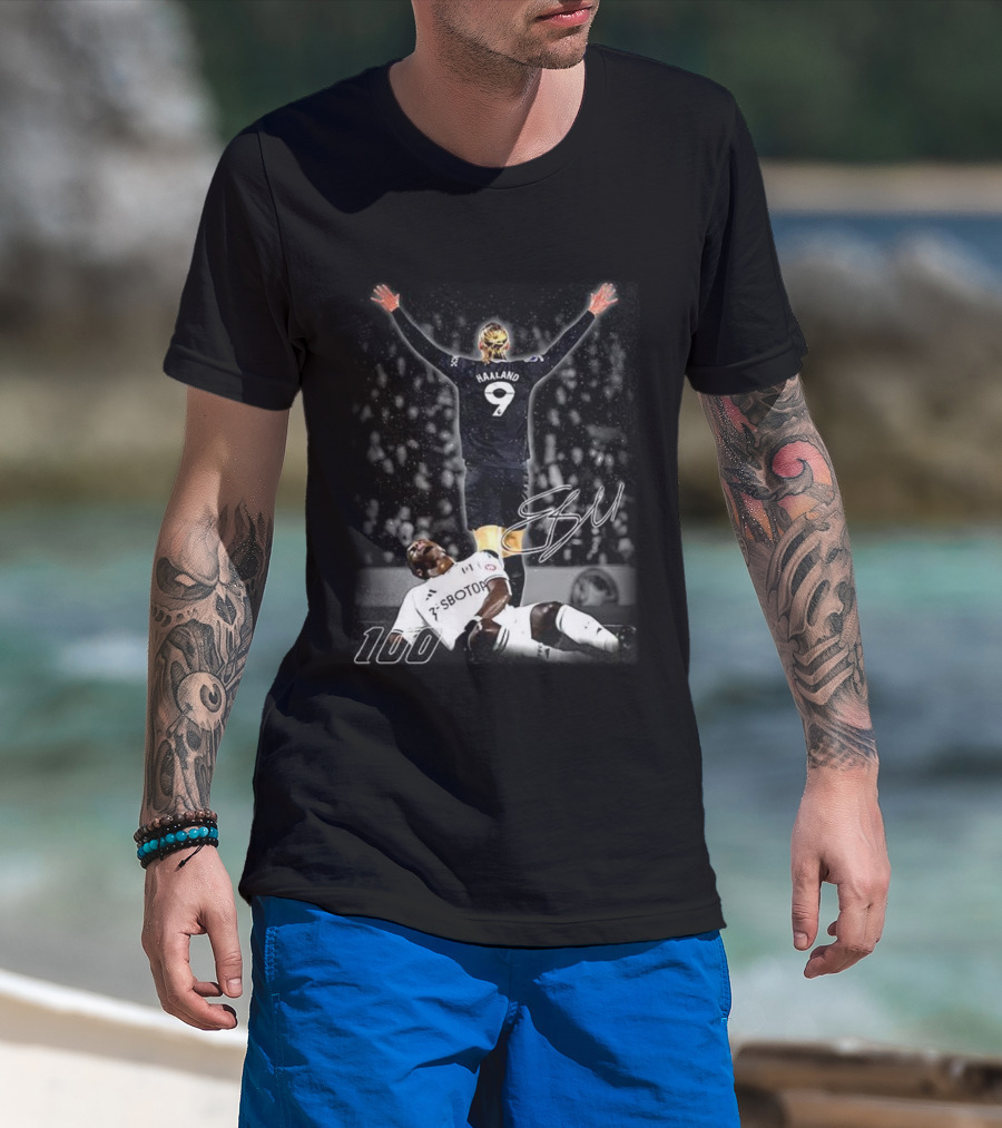 Erling Haaland 9 Manchester City 100th Goal Celebration Signature T-Shirt