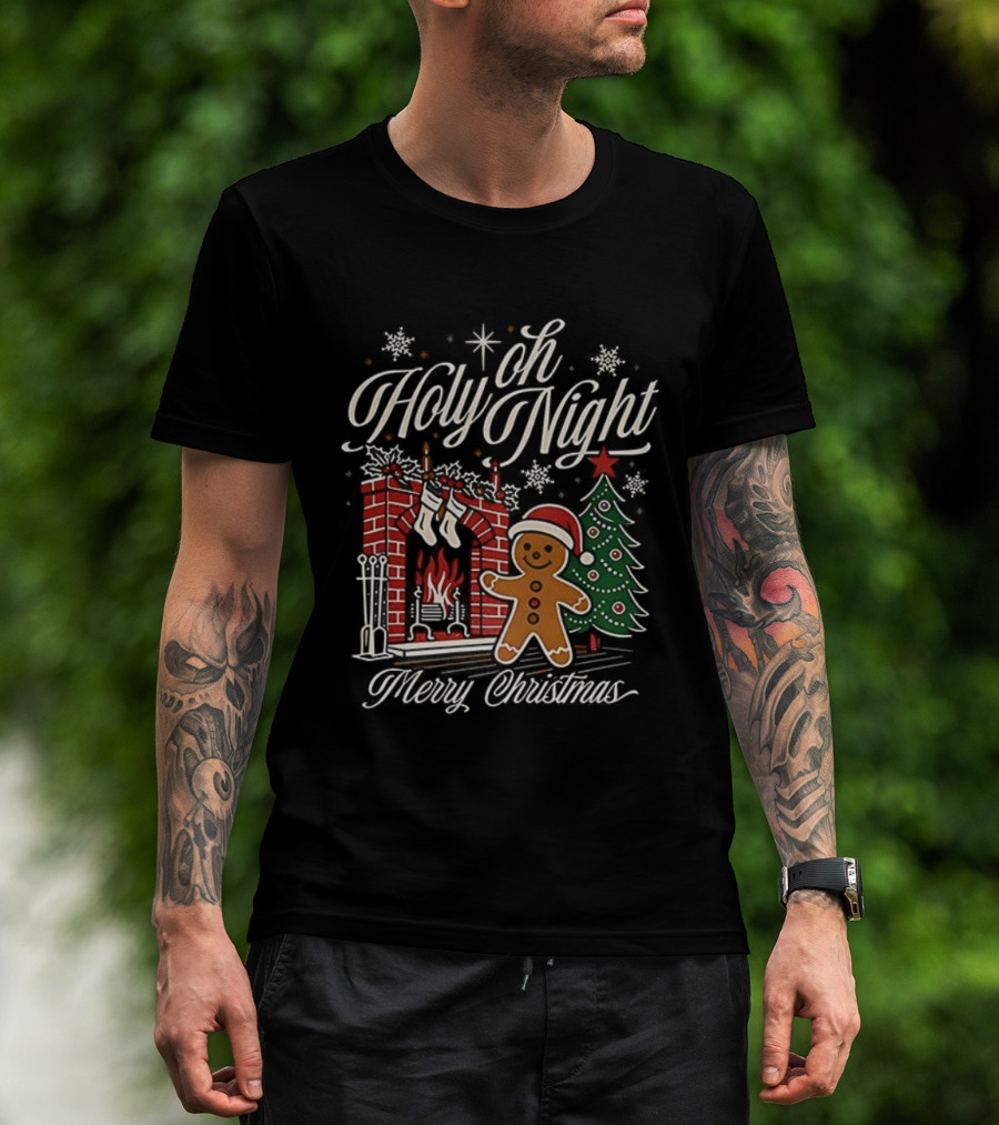 Oh Holy Night Gingerbread Merry Christmas By The Fireplace Tree T-Shirt