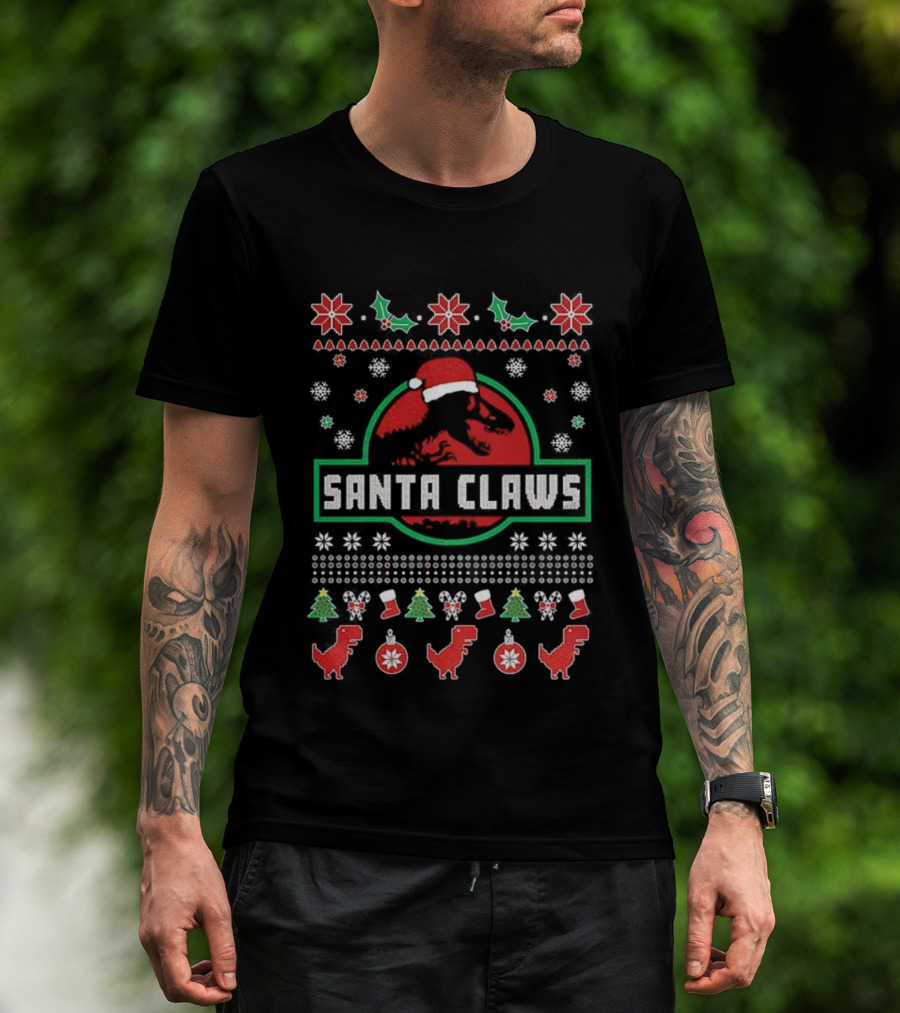 Junior Santa Claws Ho Ho Ho Ugly Christmas Sweater With Dinosaurs T-Shirt