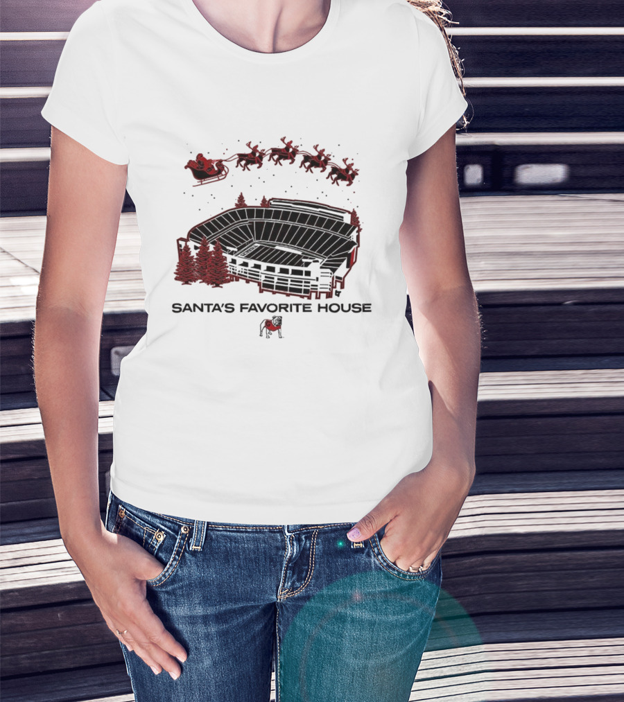 Santa's Favorite House Georgia Bulldogs Sanford Stadium Holiday Scene T-Shirt
