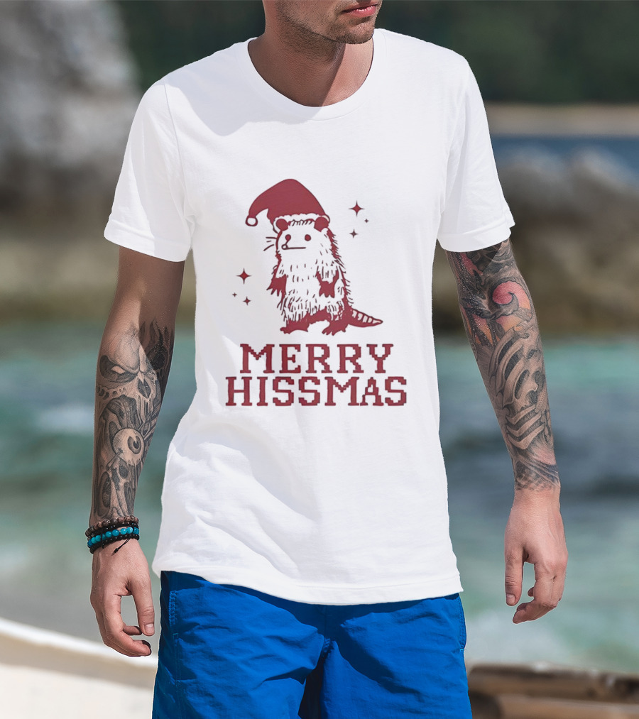 Merry Hissmas Opossum With Santa Hat Christmas Holiday Humor T-Shirt