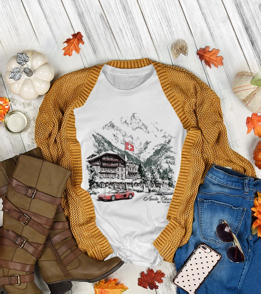 Vintage Style Ski Resort Switzerland Lamborghini Countach Green Mountains T-Shirt
