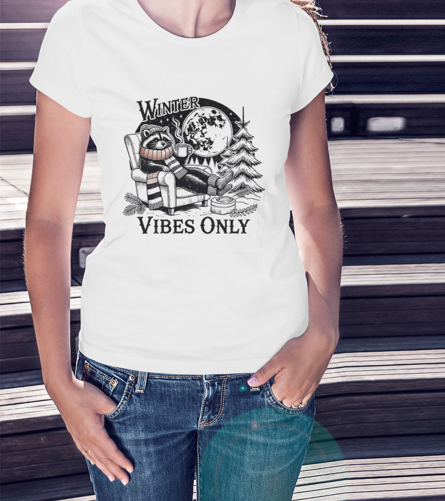 Winter Vibes Only Cute Raccoon By Christmas Tree T-Shirt