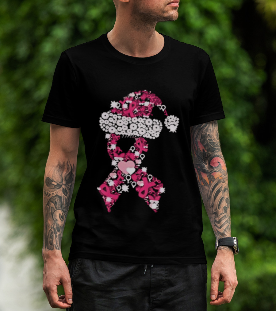 Santa Hat Breast Cancer Awareness Christmas Ribbon T-Shirt