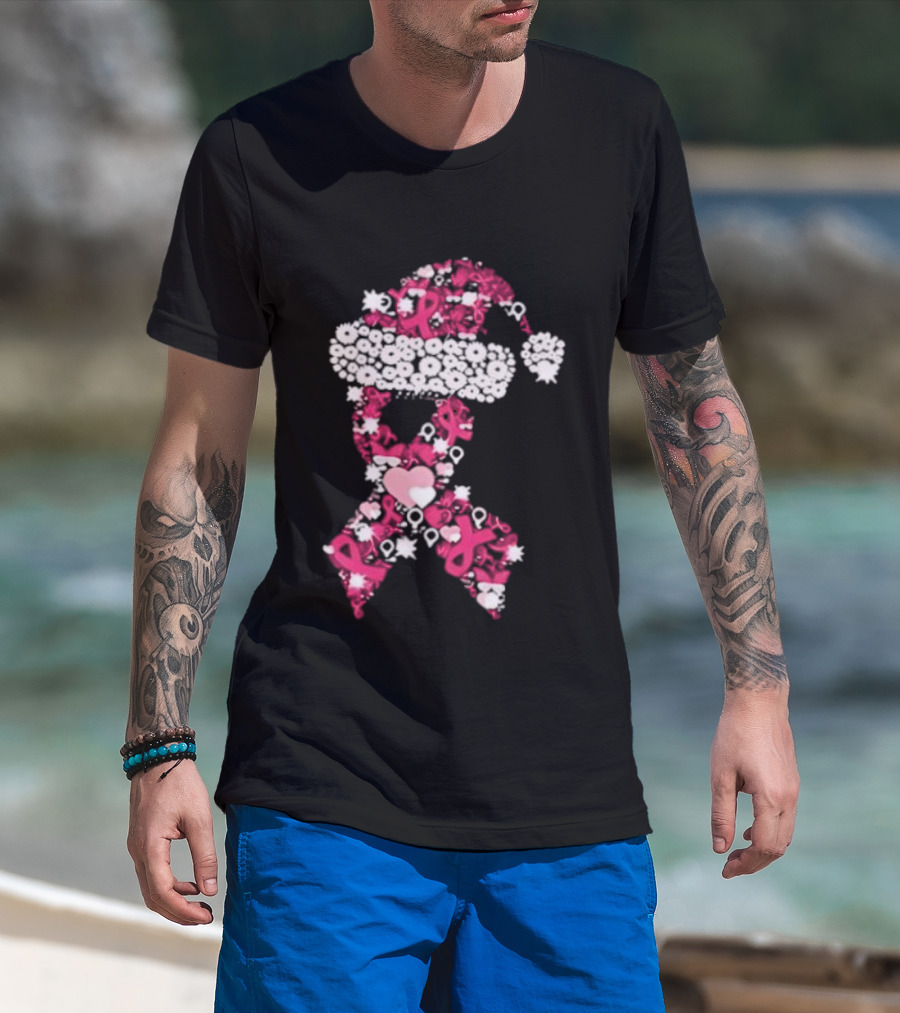 Santa Hat Breast Cancer Awareness Christmas Ribbon T-Shirt