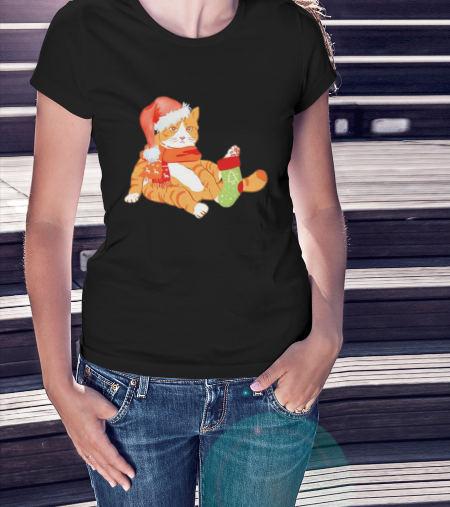 Cute Christmas Orange Cat Santa Hat Festive Stocking T-Shirt