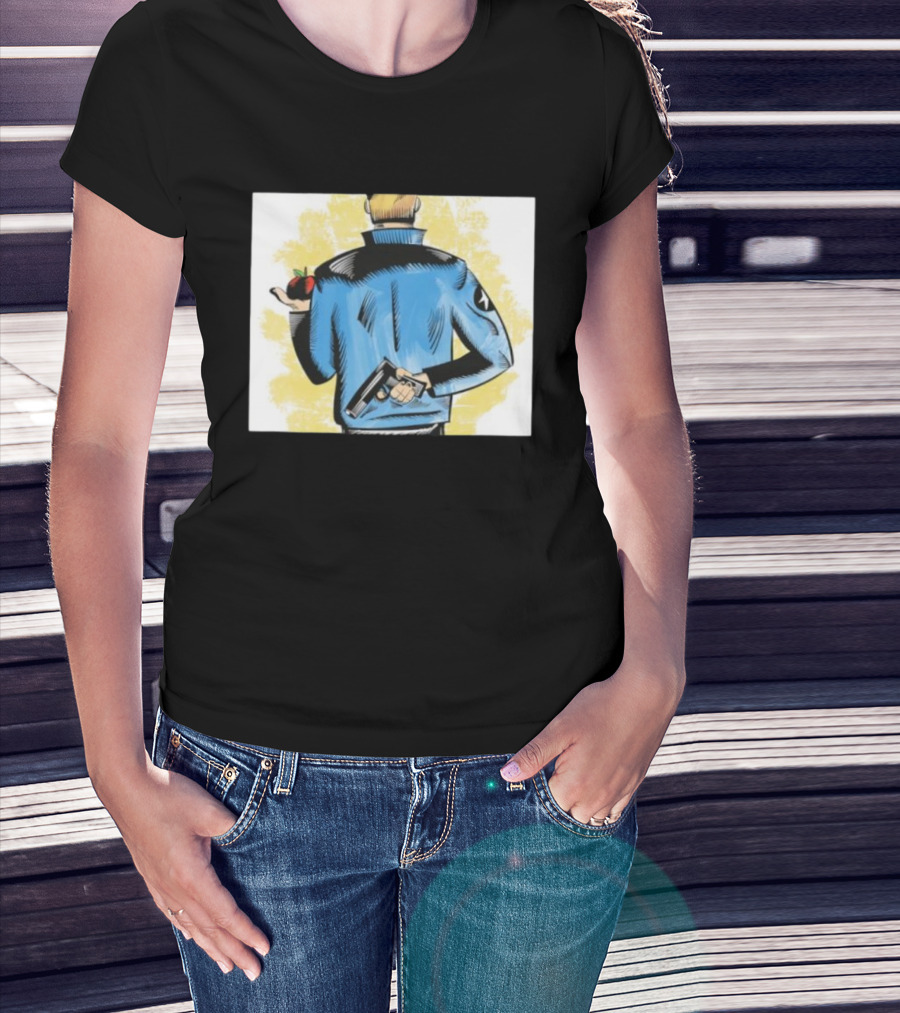 Deny Defend Depose Stylish Jacket Man Holding Gun And Apple T-Shirt