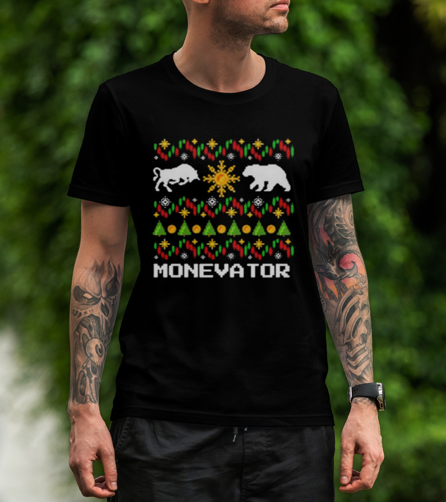 Monevator Buffalo Bear Holiday Pattern Christmas Snowflakes Trees T-Shirt