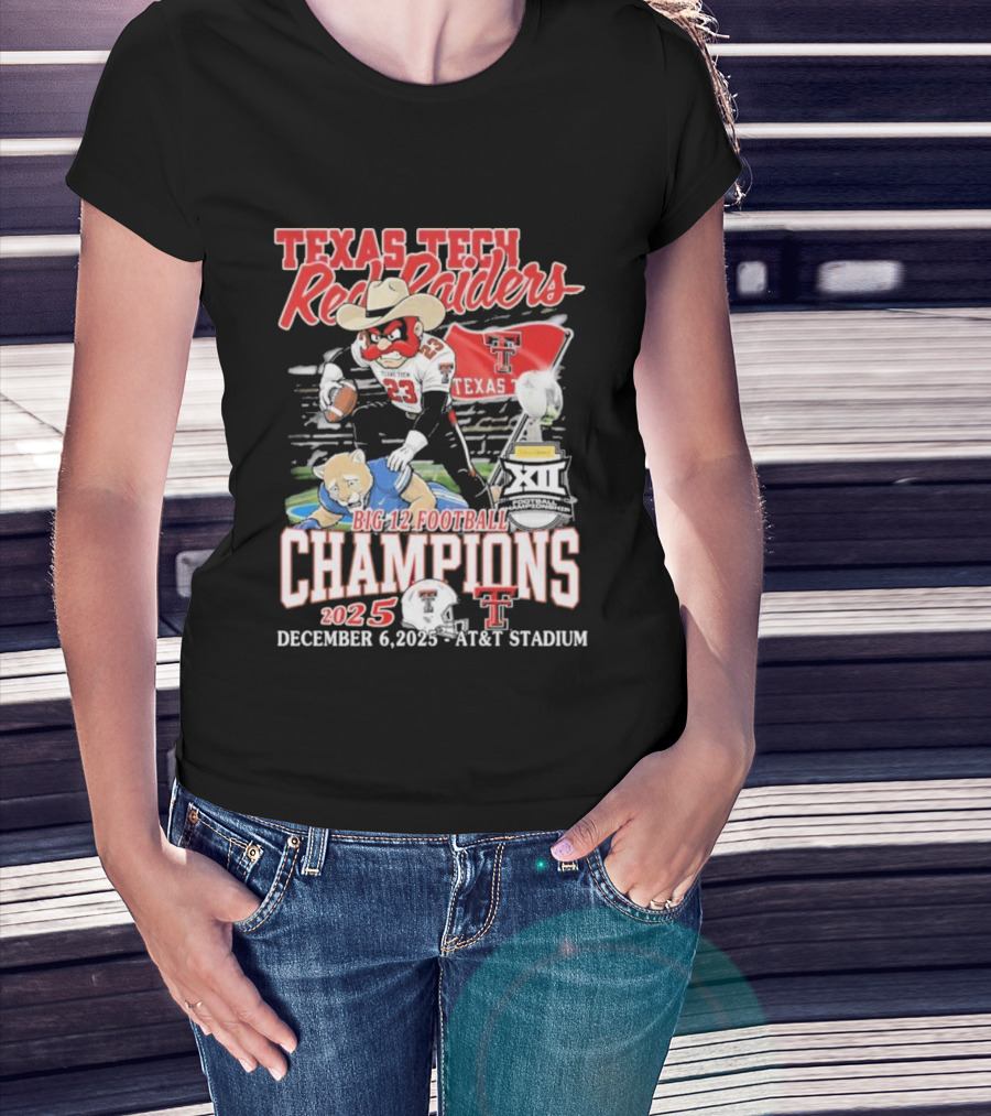 Texas Tech Red Raiders Big 12 Football Champions 2025 Victory Over Brigham Young Cougars December 6 Jones AT&T Stadium T-Shirt