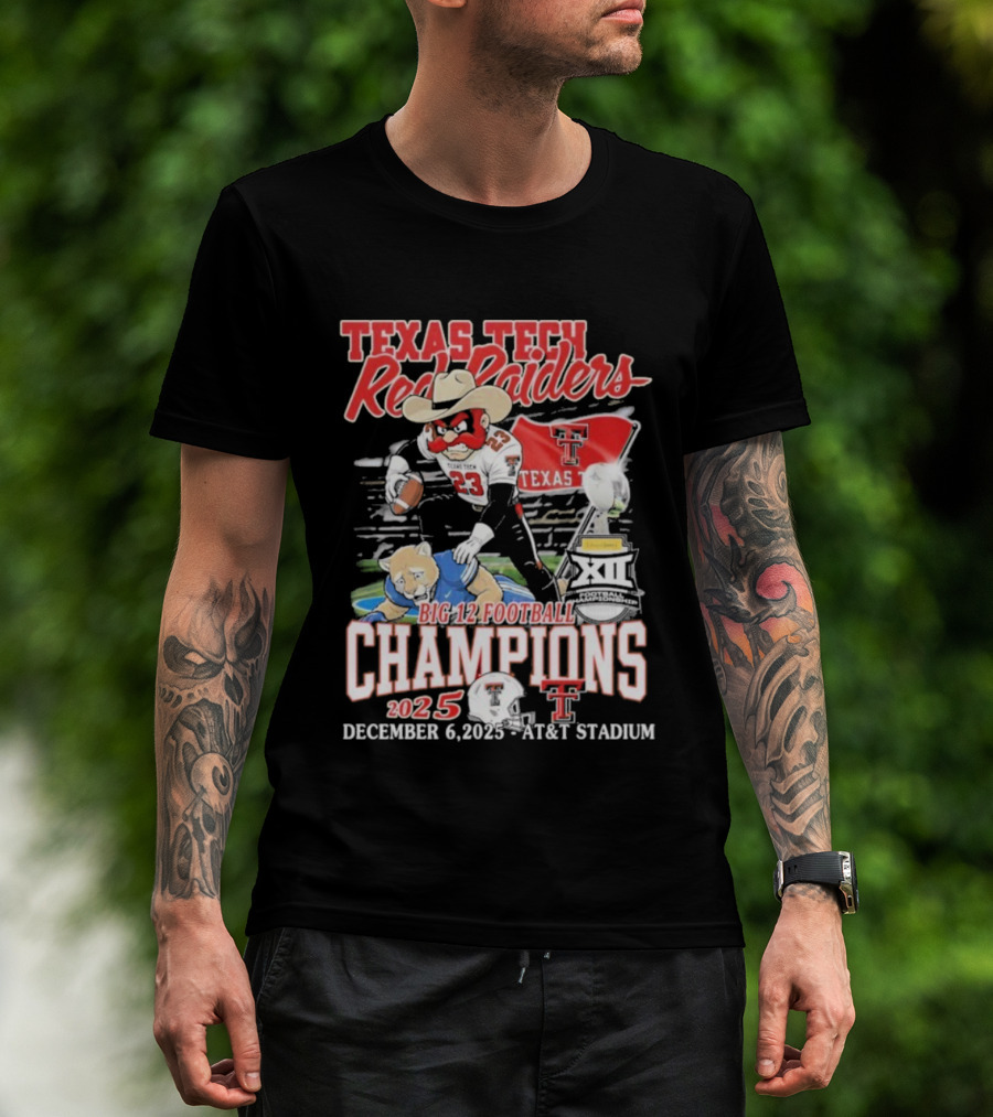 Texas Tech Red Raiders Big 12 Football Champions 2025 Victory Over Brigham Young Cougars December 6 Jones AT&T Stadium T-Shirt