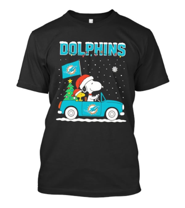 Snoopy WoodStock Santa Christmas Miami Dolphins Car Holiday Scene T-Shirt