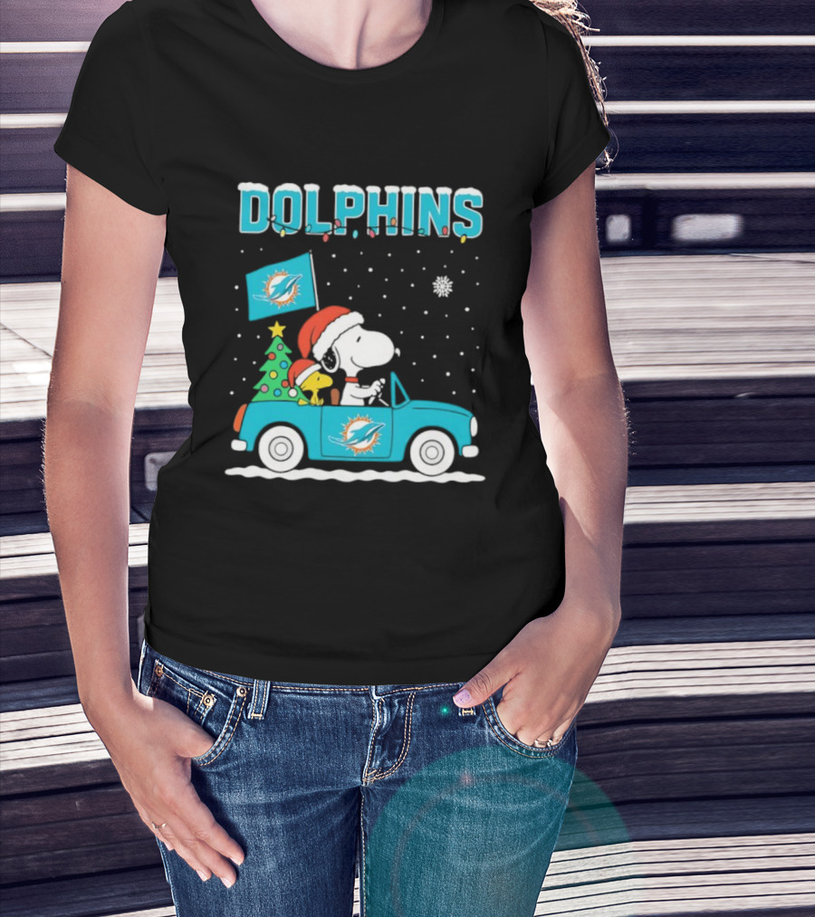 Snoopy WoodStock Santa Christmas Miami Dolphins Car Holiday Scene T-Shirt