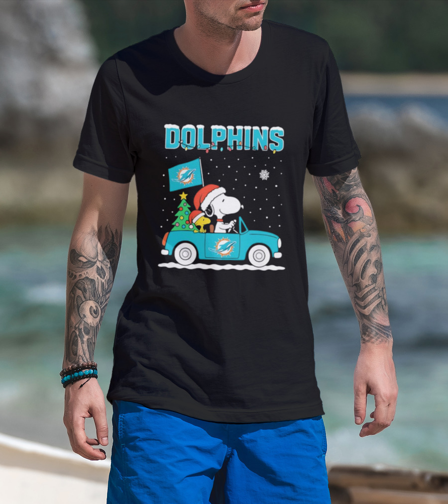 Snoopy WoodStock Santa Christmas Miami Dolphins Car Holiday Scene T-Shirt