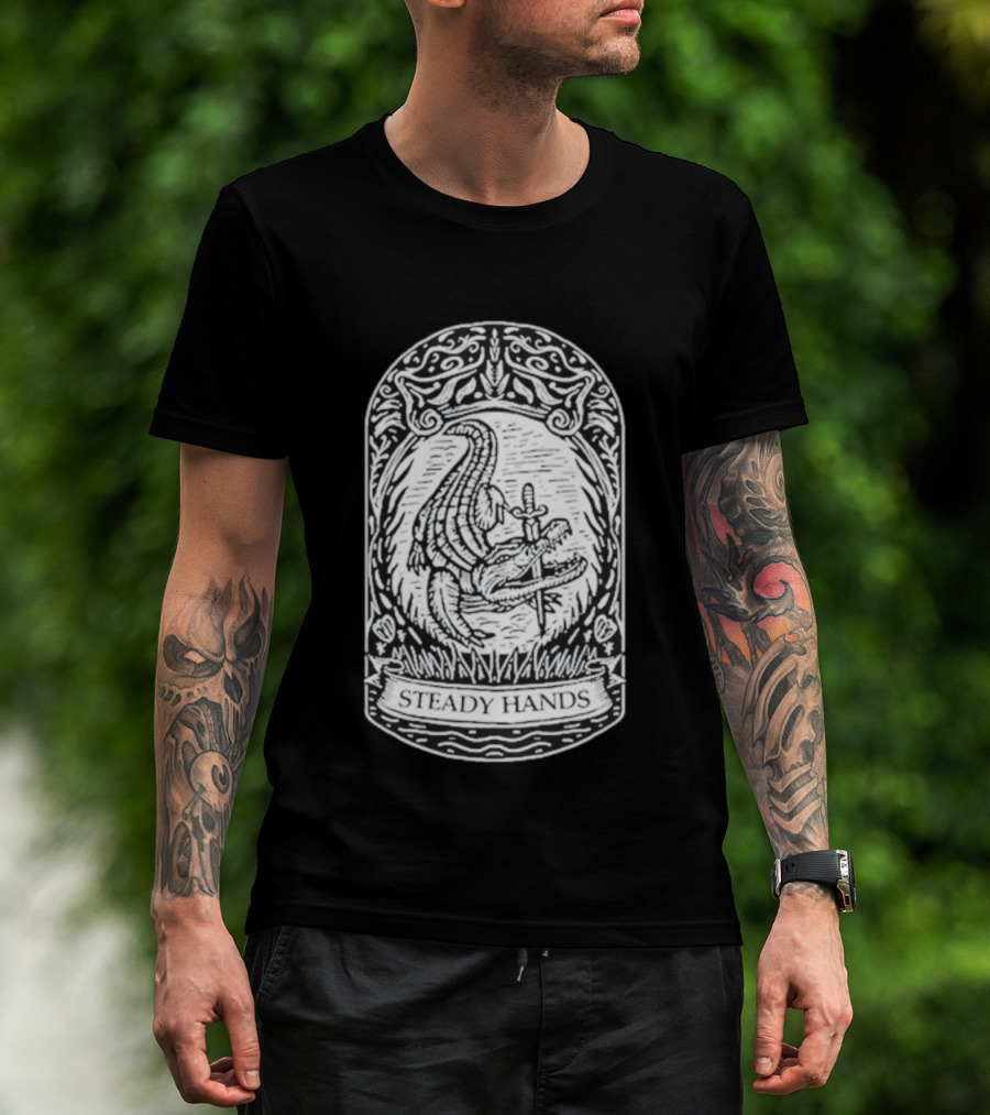 Steady Hands Crocodile Sword Banner T-Shirt