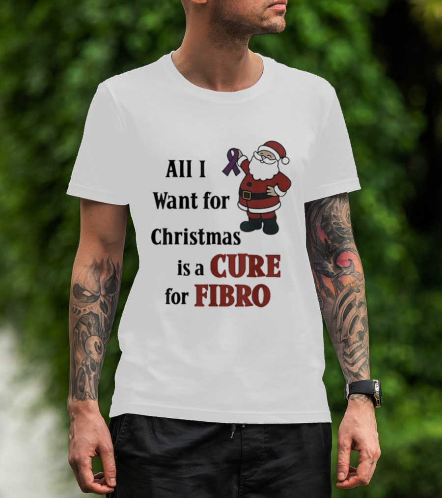 Santa Claus All I Want For Christmas Is A Cure For Fibro Purple Ribbon T-Shirt