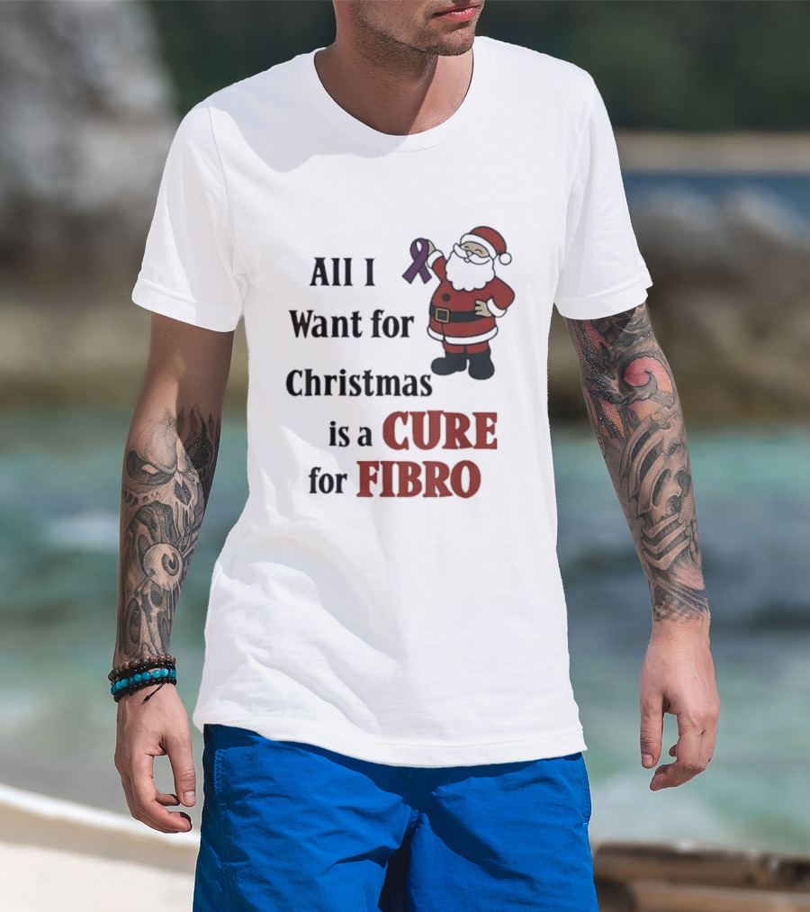 Santa Claus All I Want For Christmas Is A Cure For Fibro Purple Ribbon T-Shirt