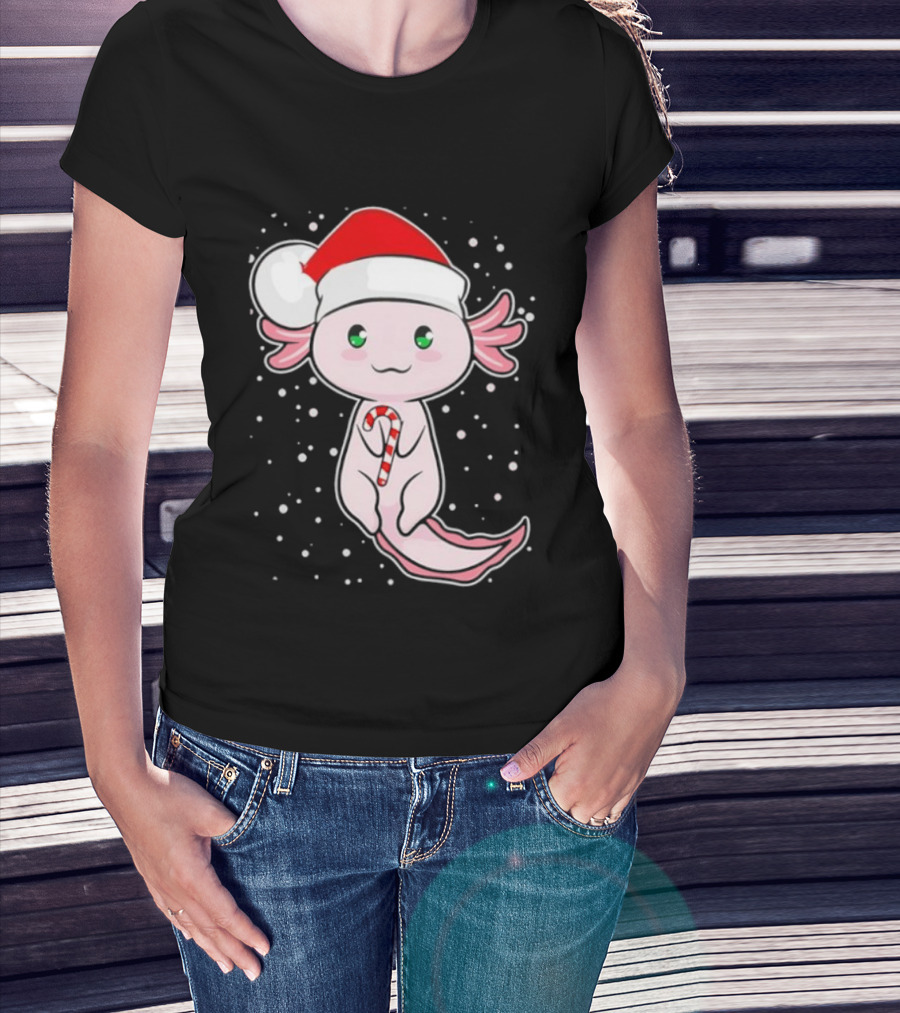 Axolotl Christmas Candy Cane Santa Hat Cute Holiday Snowflakes T-Shirt