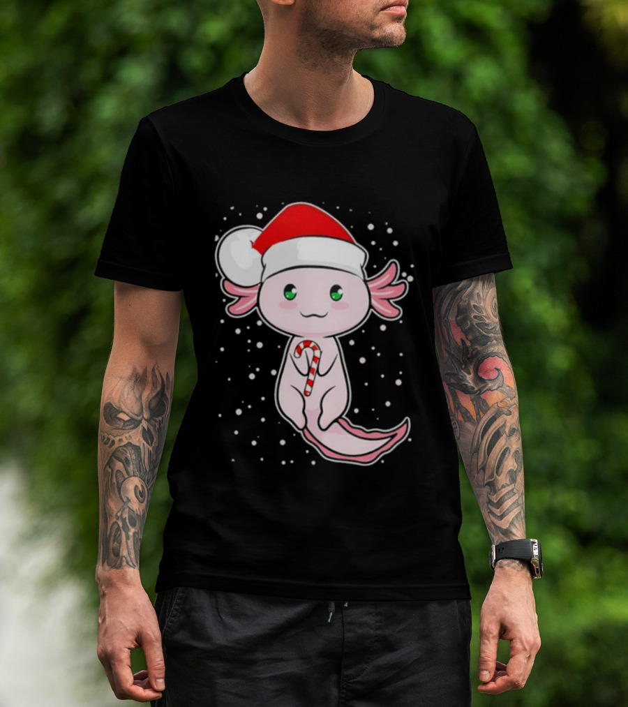 Axolotl Christmas Candy Cane Santa Hat Cute Holiday Snowflakes T-Shirt