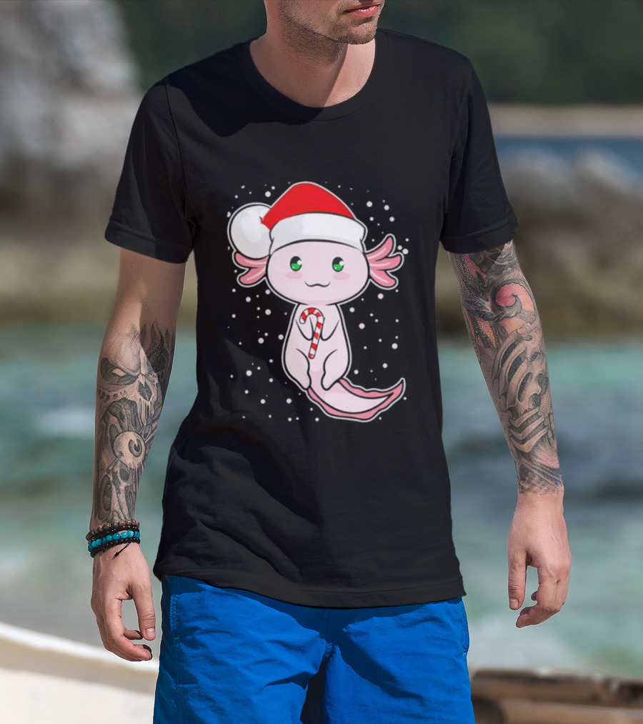 Axolotl Christmas Candy Cane Santa Hat Cute Holiday Snowflakes T-Shirt