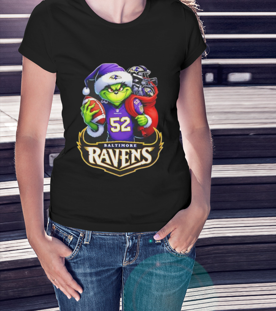Baltimore Ravens Grinch Santa Hat Holding Football Ravens Logo Grinchmas T-Shirt