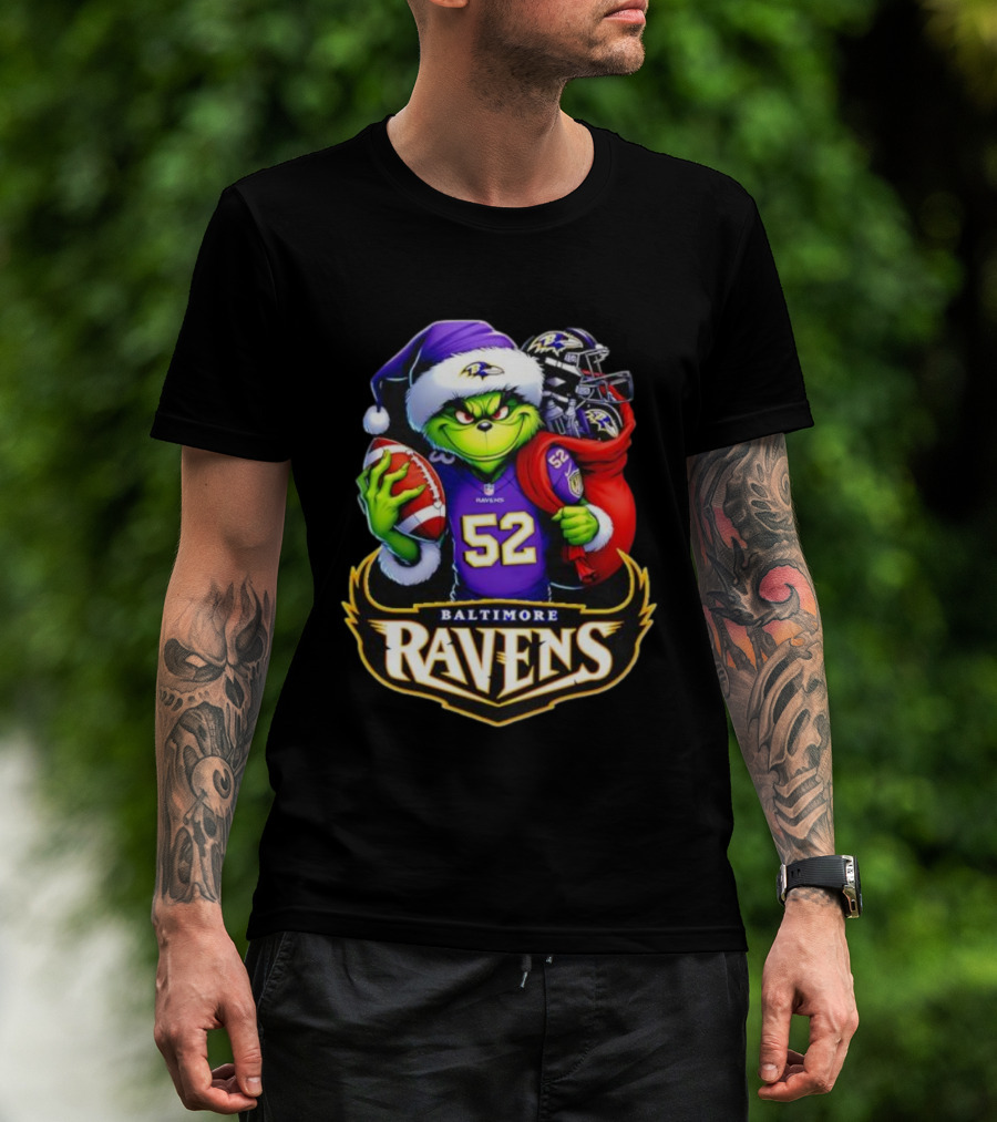 Baltimore Ravens Grinch Santa Hat Holding Football Ravens Logo Grinchmas T-Shirt