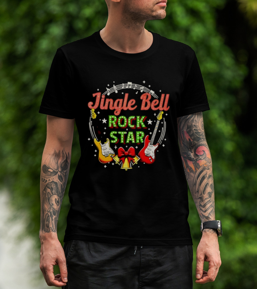 Jingle Bell Rock Star Christmas Music Guitar Holiday Bow T-Shirt
