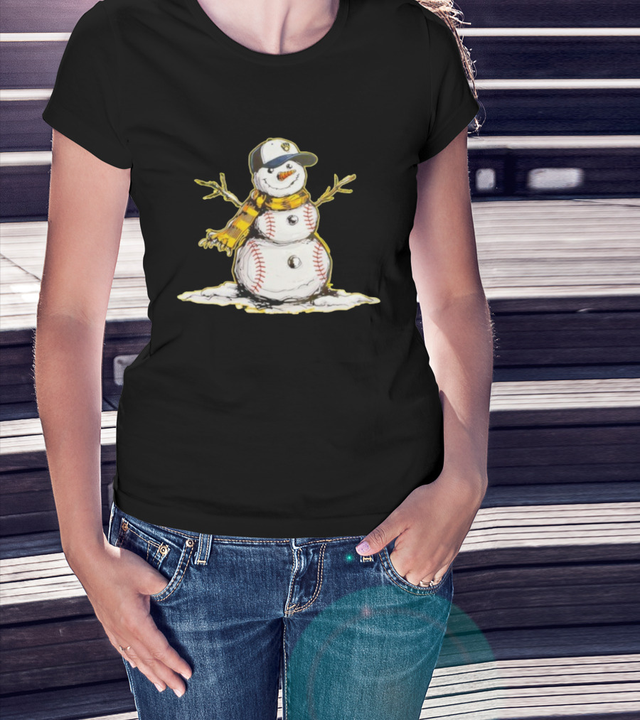 Milwaukee Brewers Baseball Snowman Wearing Cap With Scarf T-Shirt