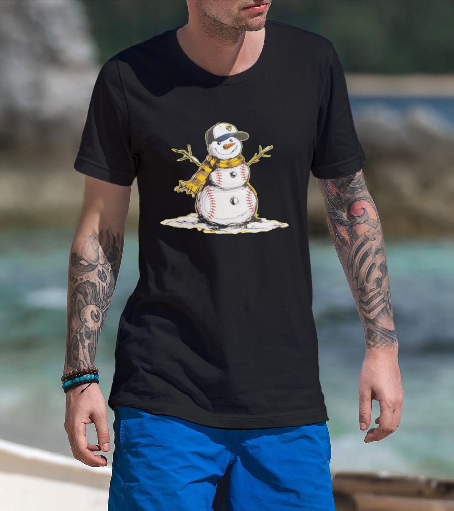 Milwaukee Brewers Baseball Snowman Wearing Cap With Scarf T-Shirt