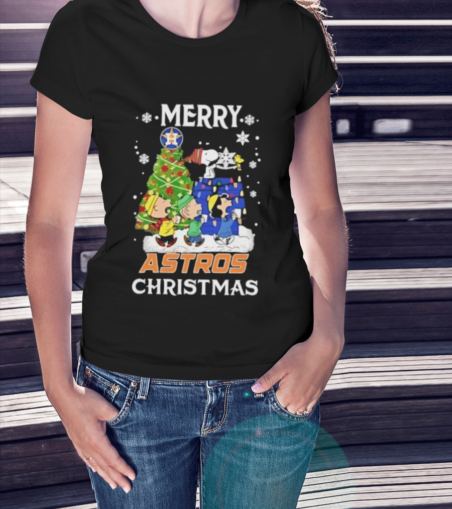 Merry Astros Christmas Snoopy And Friends Holiday Baseball Celebration T-Shirt