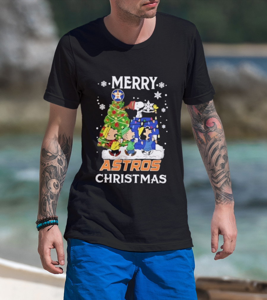 Merry Astros Christmas Snoopy And Friends Holiday Baseball Celebration T-Shirt