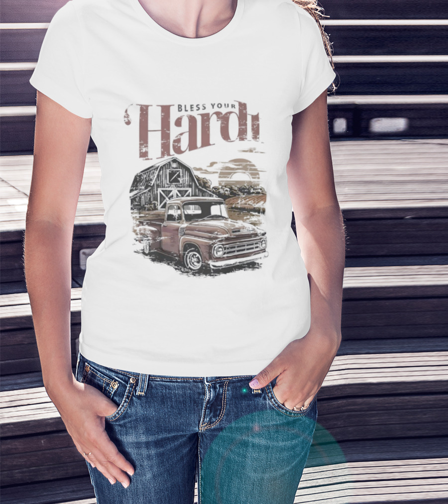 Bless Your Hardt Vintage Truck Barn Sunset Scene T-Shirt