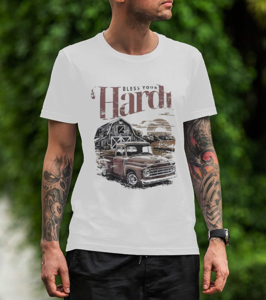Bless Your Hardt Vintage Truck Barn Sunset Scene T-Shirt