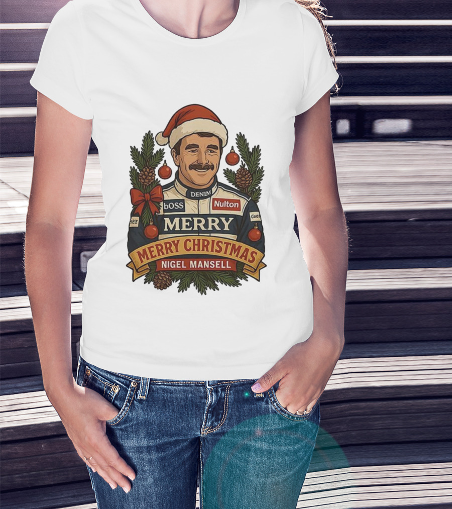 Nigel Mansell Merry Christmas Boss Denim Nulton Goodyear Racing Santa Hat Pinecones T-Shirt
