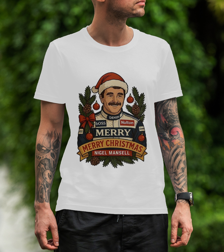 Nigel Mansell Merry Christmas Boss Denim Nulton Goodyear Racing Santa Hat Pinecones T-Shirt