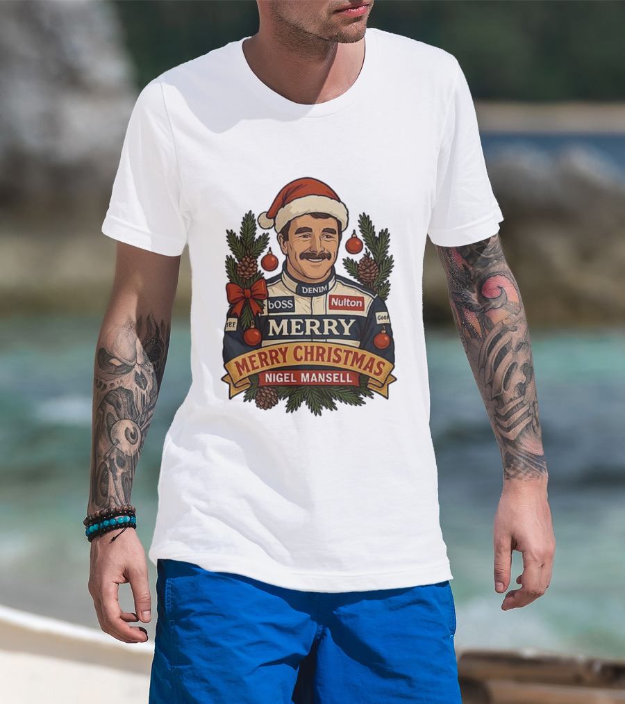 Nigel Mansell Merry Christmas Boss Denim Nulton Goodyear Racing Santa Hat Pinecones T-Shirt