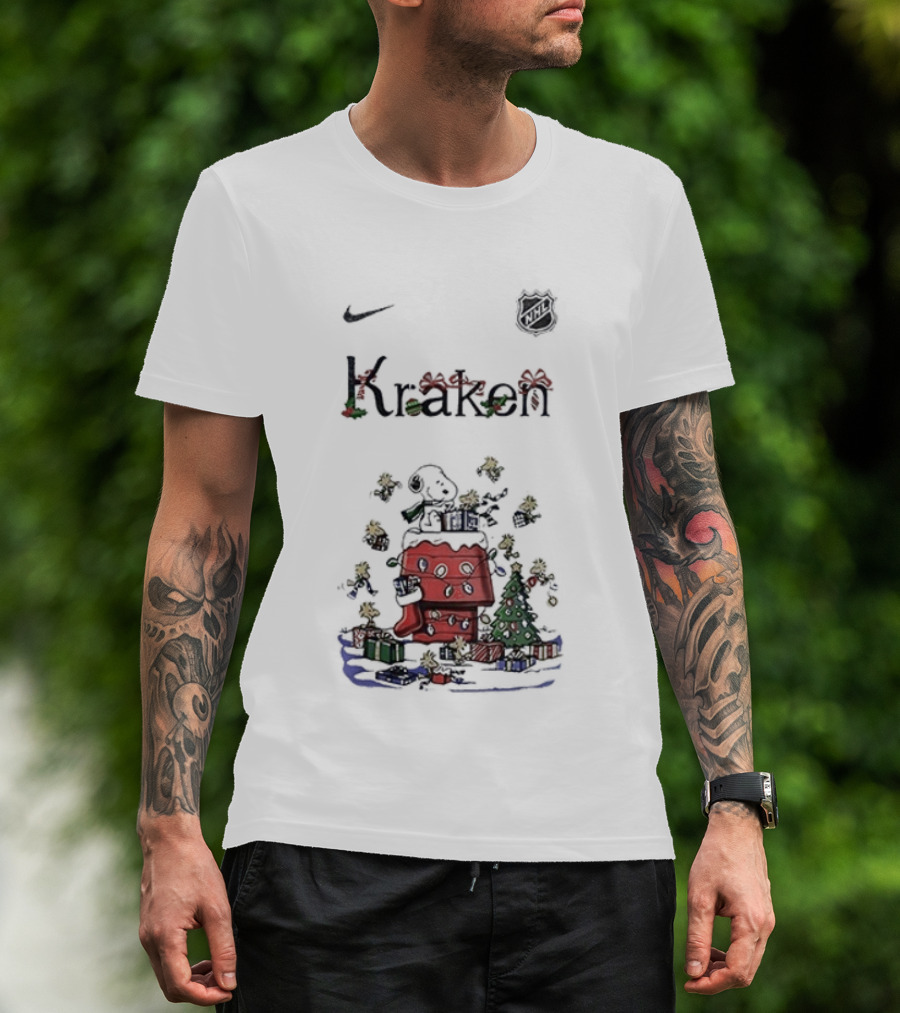 Nike Snoopy Christmas Seattle Kraken Peanuts Holiday Collaboration T-Shirt