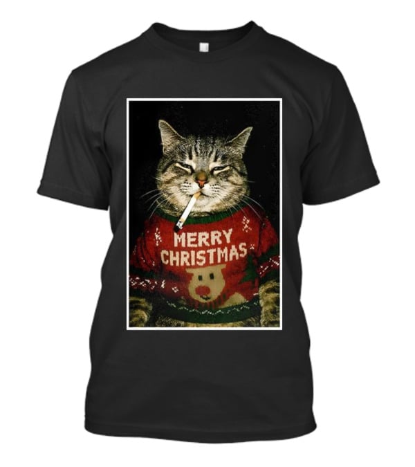 Merry Christmas Smoking Cat Funny Holiday Sweater Meme T-Shirt