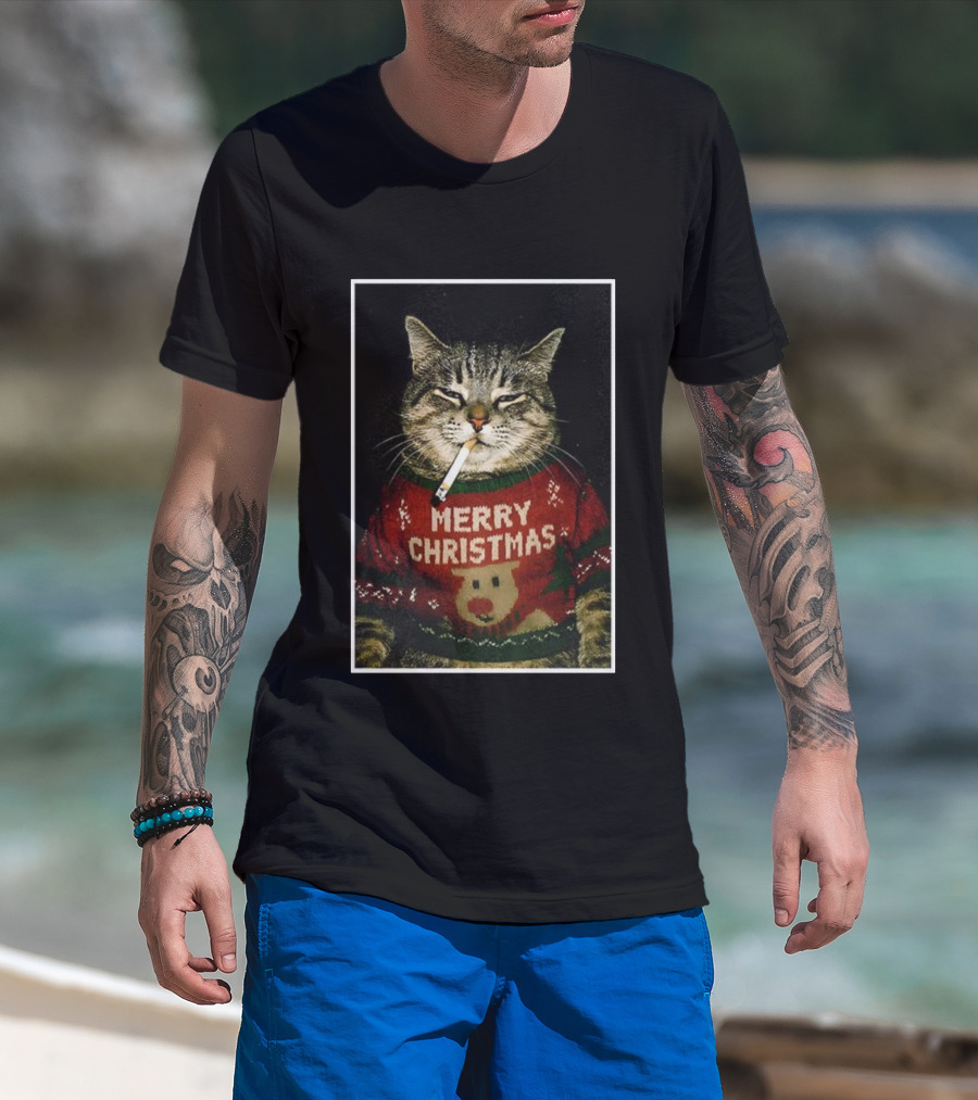 Merry Christmas Smoking Cat Funny Holiday Sweater Meme T-Shirt