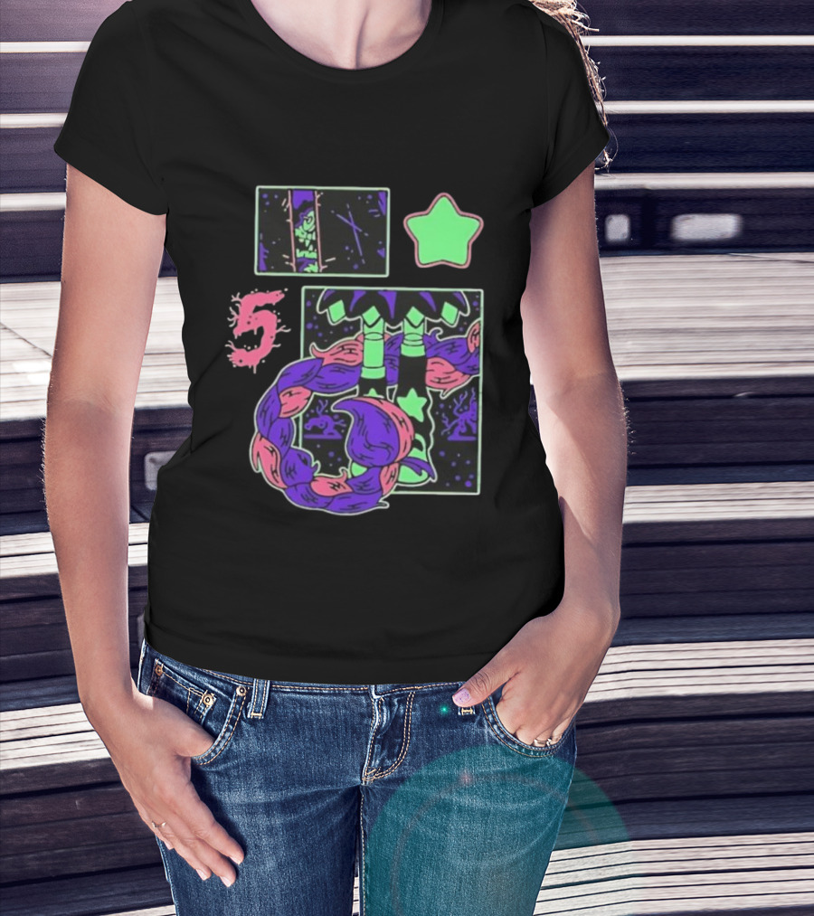 Poppy Theory Neon Star Braided Hair Cosmic Number 5 T-Shirt