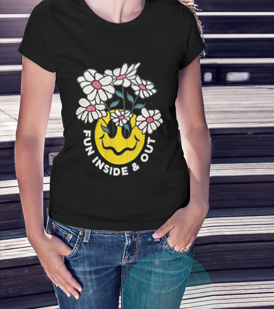 Fun Inside And Out Yellow Smiley Face With Daisies T-Shirt