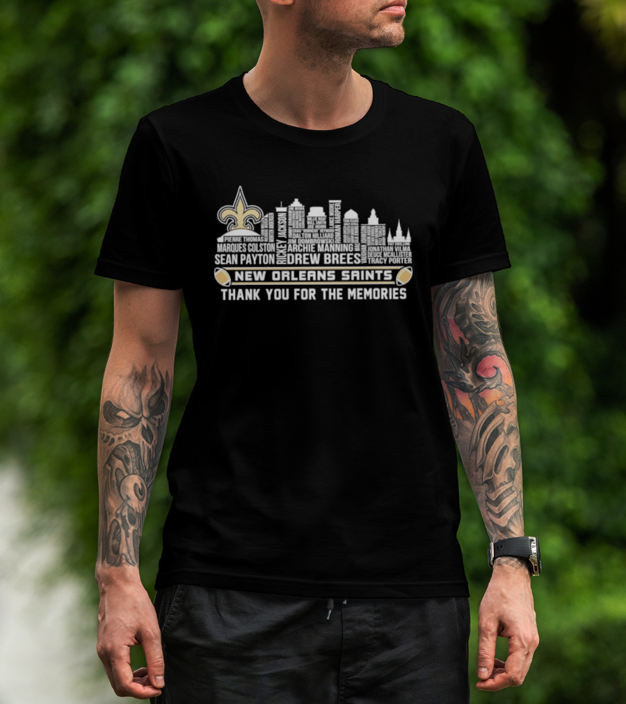 New Orleans Saints Sean Payton Drew Brees Thank You For The Memories NFL Skyline T-Shirt