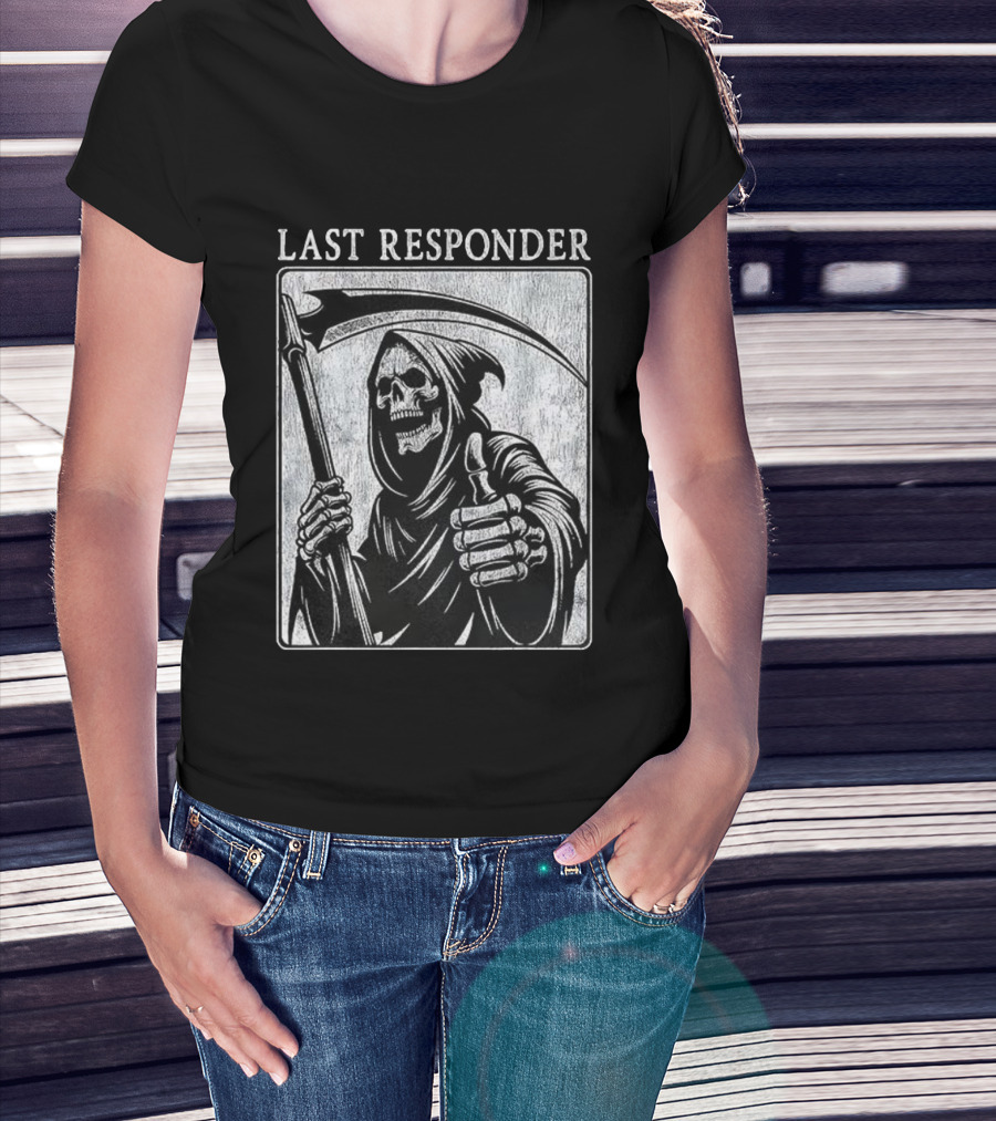Grim Reaper Thumbs Up Last Responder Skeleton Scythe T-Shirt