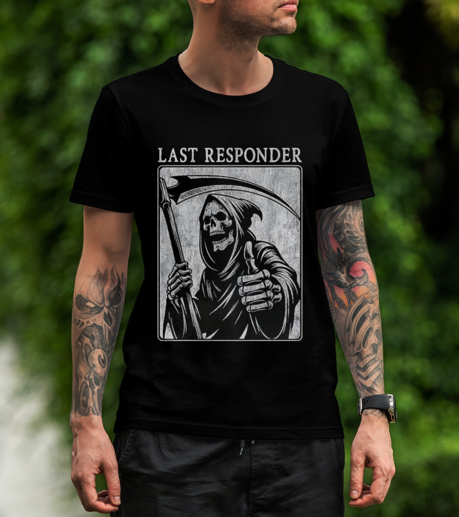 Grim Reaper Thumbs Up Last Responder Skeleton Scythe T-Shirt