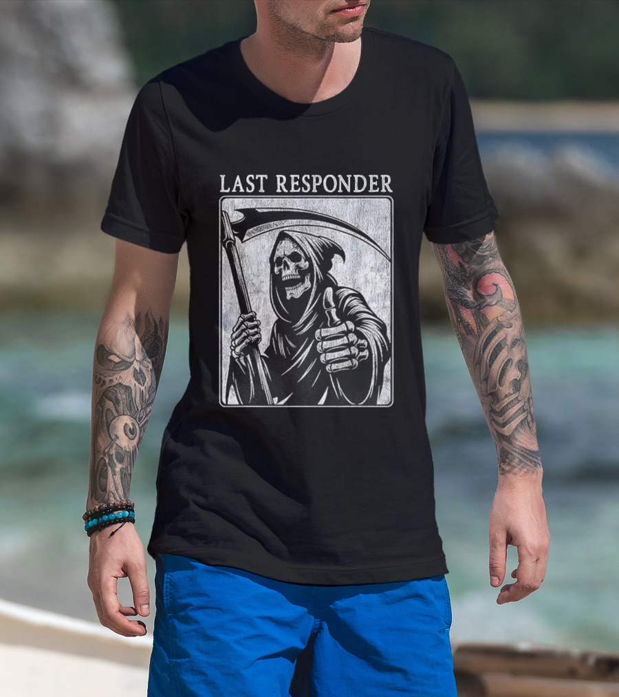 Grim Reaper Thumbs Up Last Responder Skeleton Scythe T-Shirt